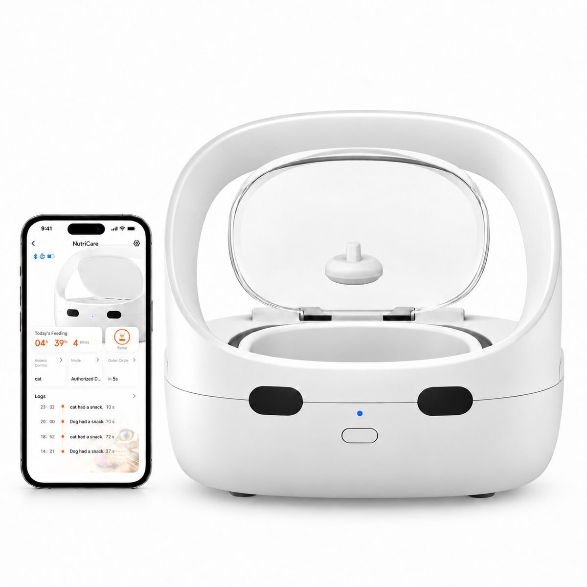 Furbabyfeeder Mini image with a smartphone app and rfid tag shown 