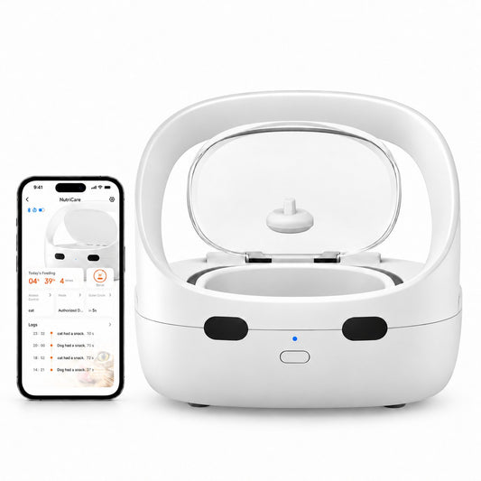 Furbabyfeeder Mini image with a smartphone app and rfid tag shown 